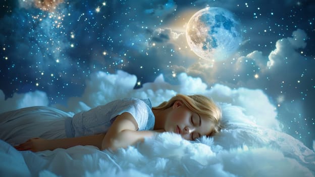 A woman sleeping on a cloud with the moon and stars in the background