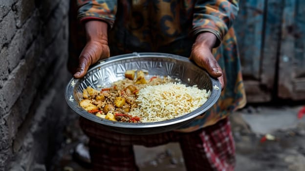 A person holding a bowl of food with rice and vegetables
