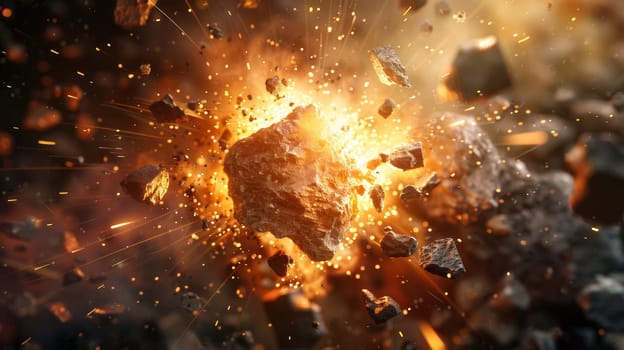 A close up of a large explosion with lots of rocks