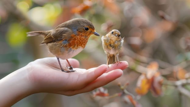 A small bird sitting on a person's hand with leaves in the background