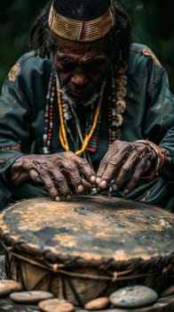 A man sitting on a drum playing it with his hands
