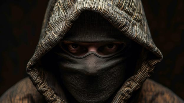 A man in a hoodie with his face covered by the mask