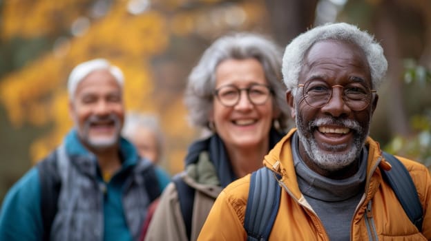 A group of older people walking together in the woods