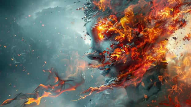 A digital painting of a woman with fire and smoke coming out her head