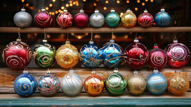 A bunch of ornaments are displayed on a shelf in front of lights