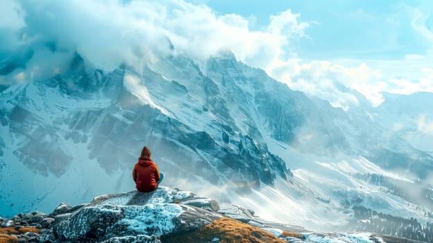 Person in a red jacket sitting on a rock, overlooking snow-covered peaks