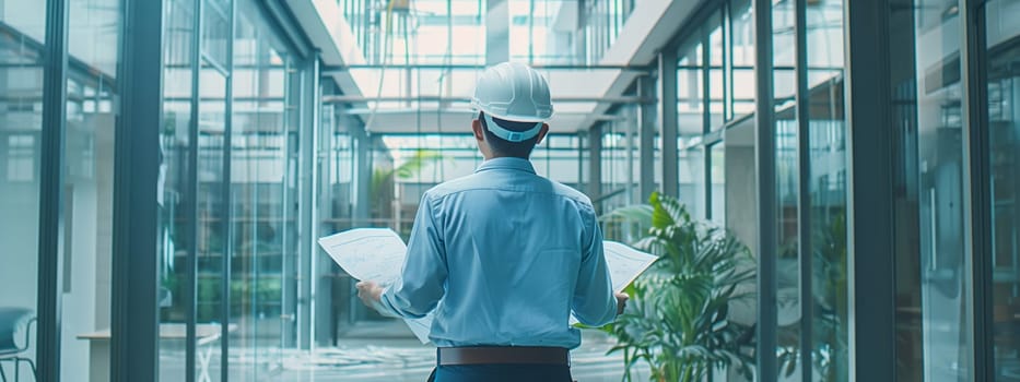 A man in a hard hat is strolling through the buildings hallway with a blueprint in hand, passing by glass windows and metal facades