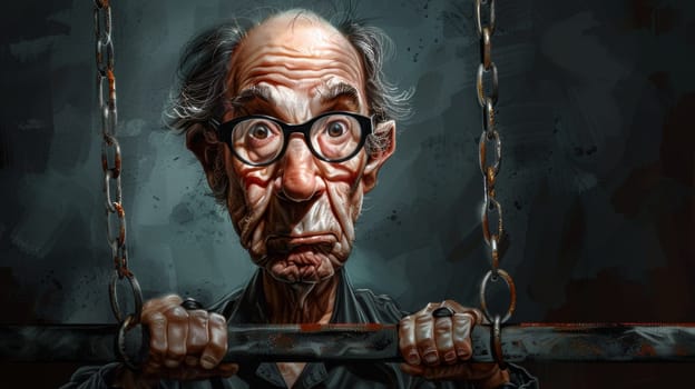 A cartoon of a man with glasses and an old face is chained to the bars