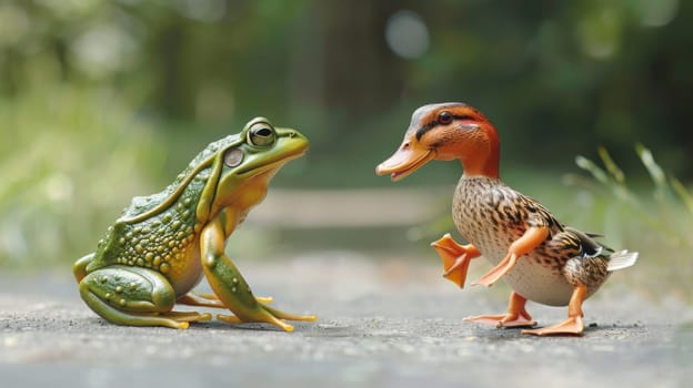 A frog and duck on a paved road with grass in the background
