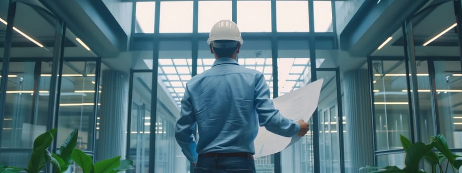 A man in an electric blue hard hat is standing in a glass building, holding a blueprint. The metal facade of the plant reflects the city skyline