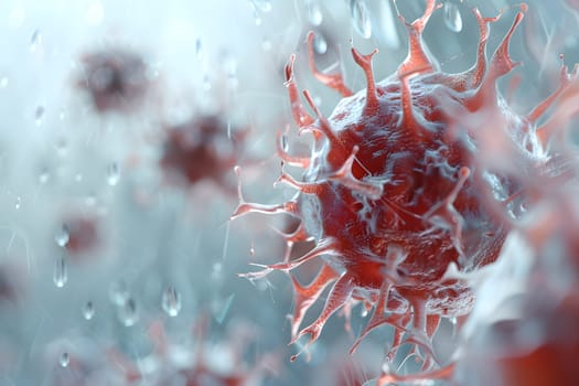 A macro photography of an electric blue virus floating in the water, resembling frost on a terrestrial plant. The closeup reveals intricate patterns, creating an artistic representation of nature