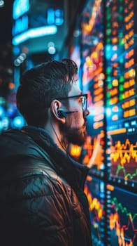 A man in glasses looking at a wall of stock market information
