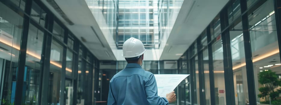 A man in a hard hat is walking down a hallway in a commercial building, holding a blueprint. The buildings facade features tall glass windows and metal fixtures