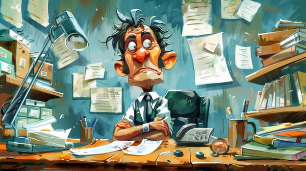 A cartoon of a man sitting at his desk with papers all around him