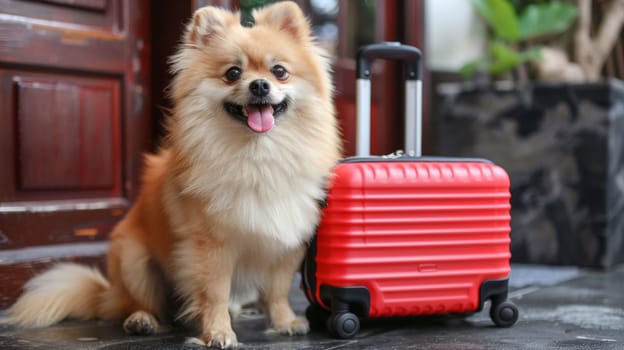 A small dog sitting next to a red suitcase on the floor