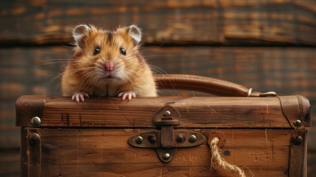 A brown and white hamster sitting on top of a wooden box