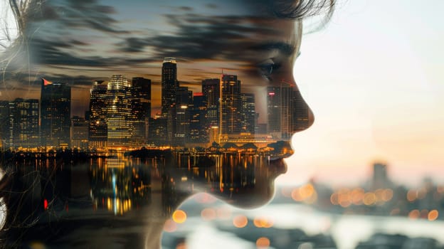 A double exposure of a woman's face with city lights in the background