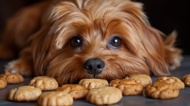 A dog laying down with a bunch of cookies in front of it