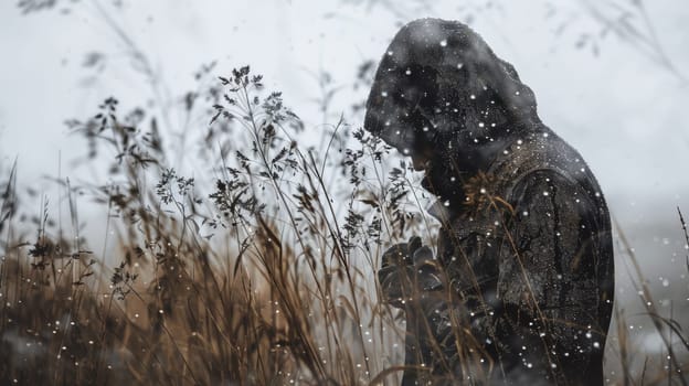 A person standing in tall grass with a hood on