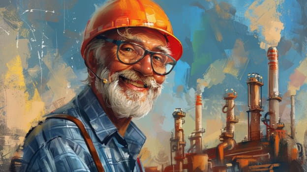 A painting of a man with glasses and hard hat in front of an industrial plant