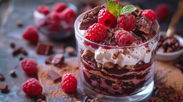 A dessert with raspberries, chocolate and whipped cream in a glass