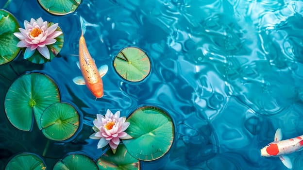 Tranquil top view of a koi pond with floating water lilies and vibrant fish