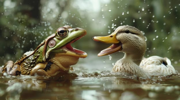 A frog and duck in a pond with water splashing around them