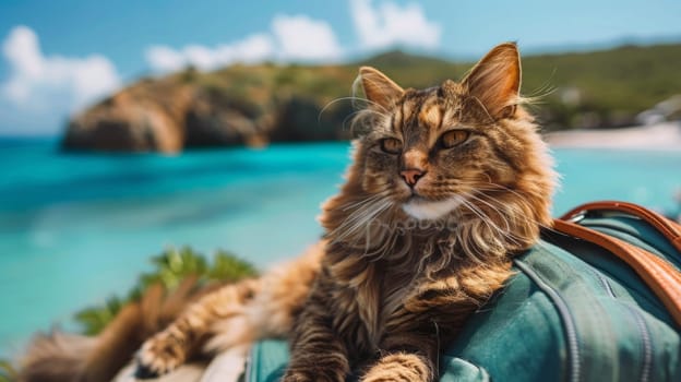 A cat laying on top of a bag next to the ocean