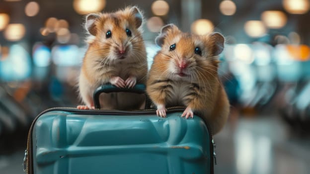Two hamsters are sitting on top of a blue suitcase