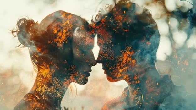 A couple is kissing in a photo with smoke and fire