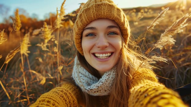 A woman in a yellow sweater taking selfie with her phone