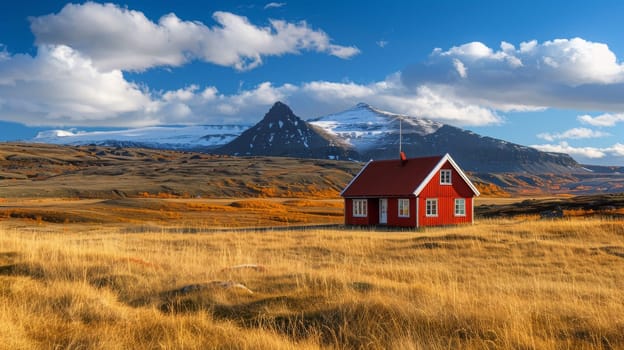 A red house in a field with mountains behind it