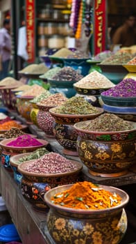 A display of a variety of bowls filled with different colored spices