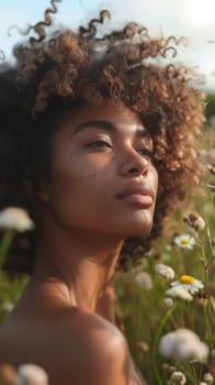 A woman with curly hair standing in a field of flowers