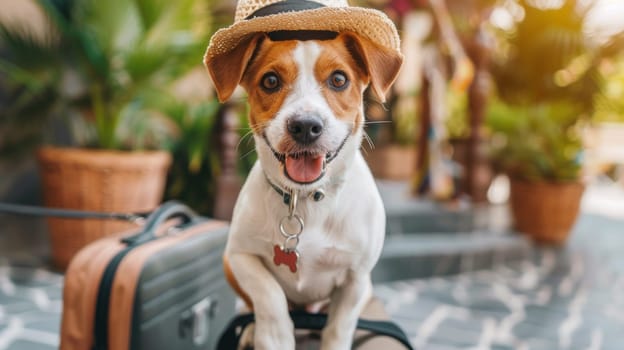 A dog wearing a hat sitting on top of luggage
