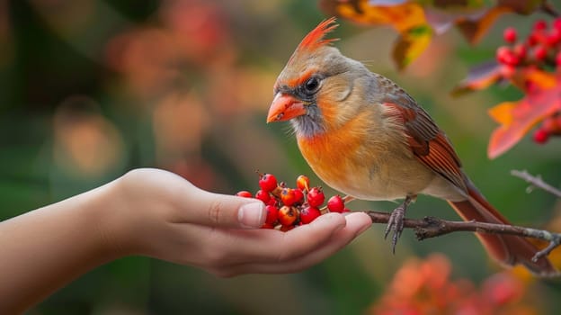 A bird perched on a branch of red berries being held out by hand