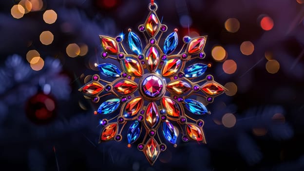 A close up of a colorful ornament hanging on the tree