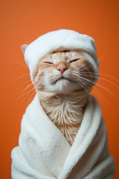 A happy morning image. A red-haired cat in a bathrobe and with a towel on his head rejoices on an orange background.