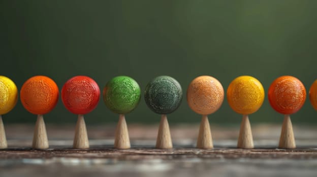 A row of colorful wooden spoons with different colored balls on them