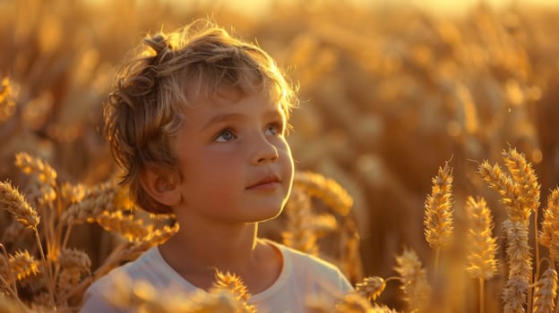 A young boy in a field of wheat looking up at the sky