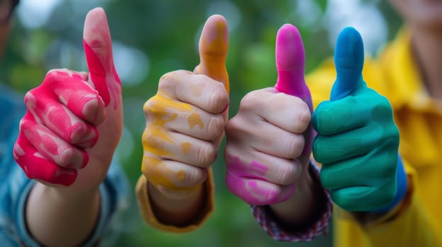 Three people with painted hands giving thumbs up to the camera