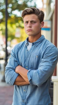 A man standing with his arms crossed on a sidewalk