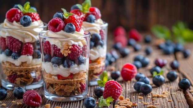 Two glasses filled with berries and cream sitting on a table