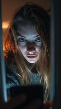 A woman looking at her cell phone in the dark
