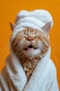 A happy morning image. A red-haired cat in a bathrobe and with a towel on his head rejoices on an orange background.