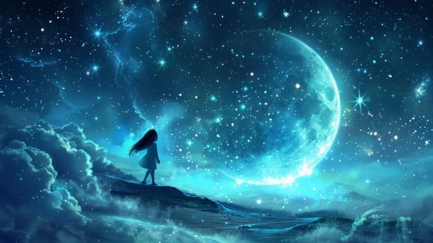 A girl standing on a hill looking at the moon