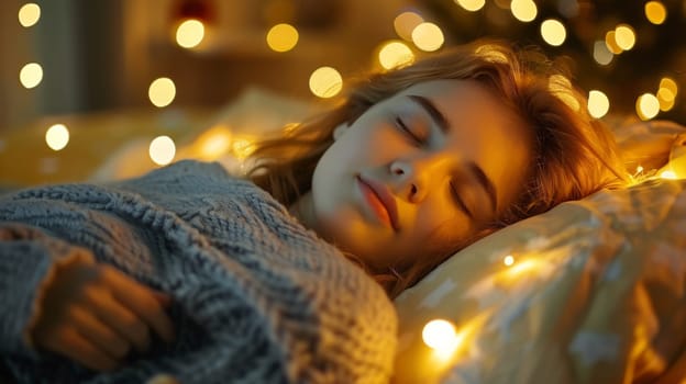 A young girl sleeping in a bed with lights around her