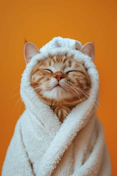 A happy morning image. A red-haired cat in a bathrobe and with a towel on his head rejoices on an orange background.