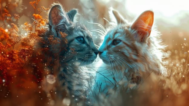 Two cats are kissing each other in a field of flowers