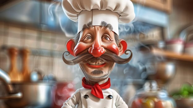 A cartoon chef with a mustache and red hair on top of the stove